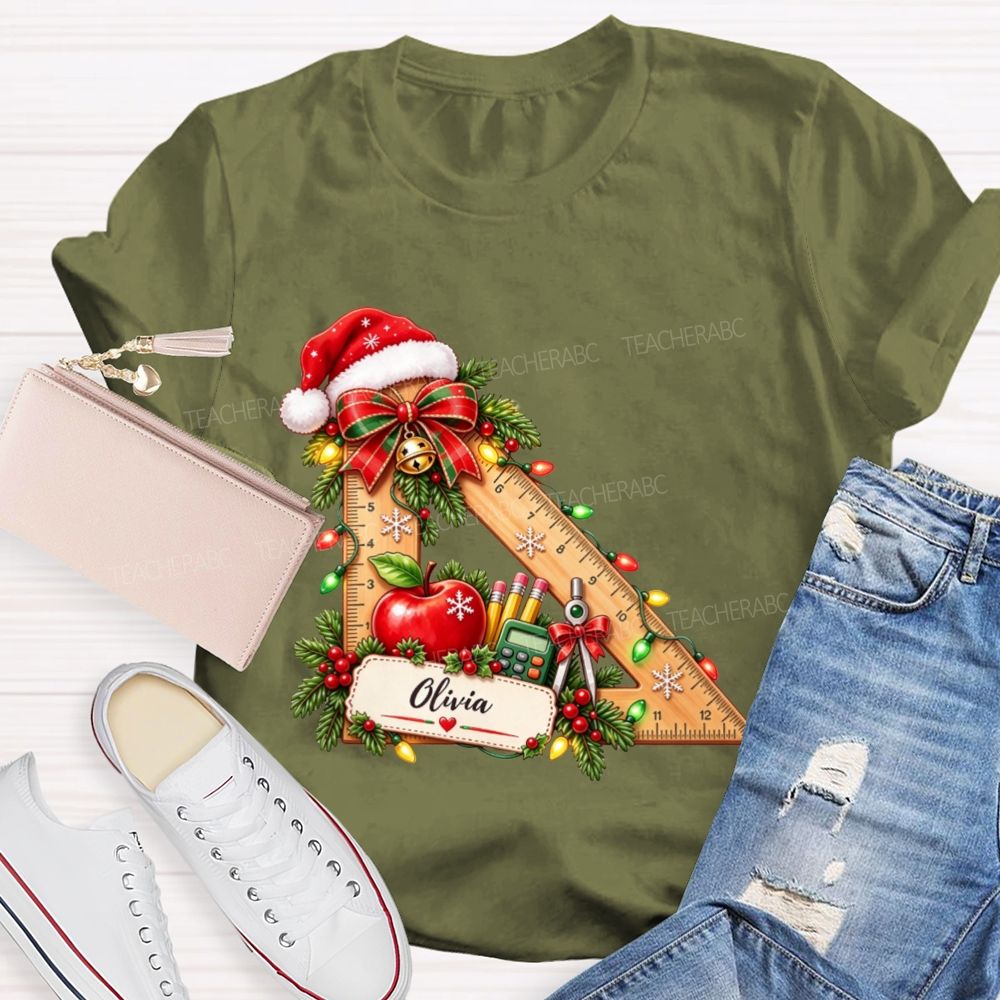 Personalized Name Math Teacher Christmas Ruler School Apple Santa Hat Teacher T-shirt