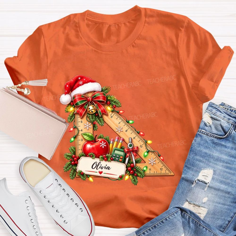 Personalized Name Math Teacher Christmas Ruler School Apple Santa Hat Teacher T-shirt