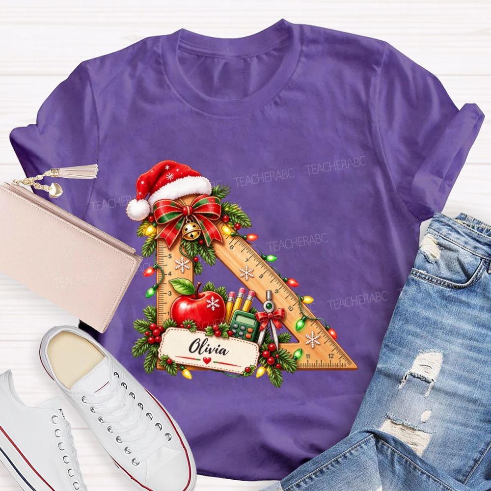 Personalized Name Math Teacher Christmas Ruler School Apple Santa Hat Teacher T-shirt
