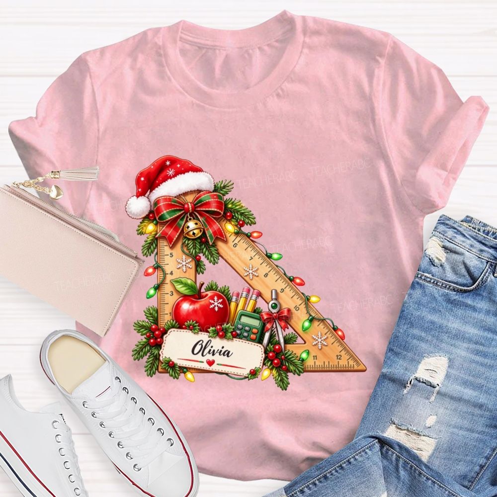Personalized Name Math Teacher Christmas Ruler School Apple Santa Hat Teacher T-shirt