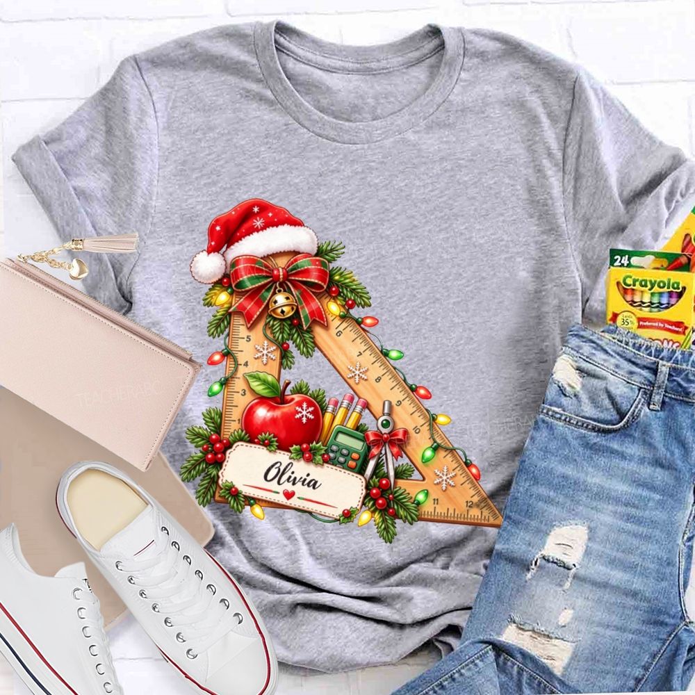 Personalized Name Math Teacher Christmas Ruler School Apple Santa Hat Teacher T-shirt
