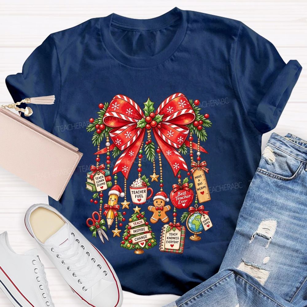 Teacher Christmas Coquette Bow Best Teacher Ever Holiday Teacher T-shirt