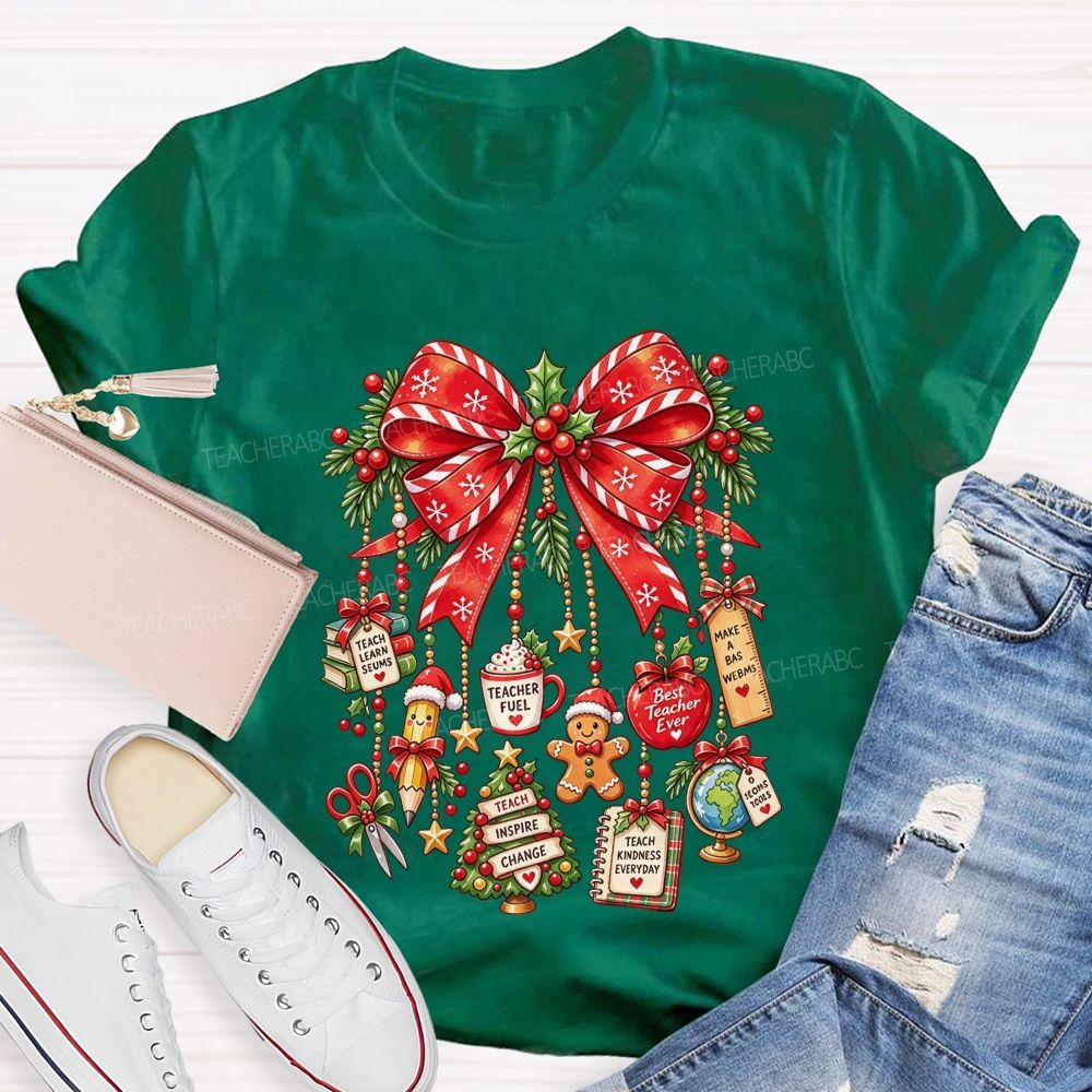 Teacher Christmas Coquette Bow Best Teacher Ever Holiday Teacher T-shirt