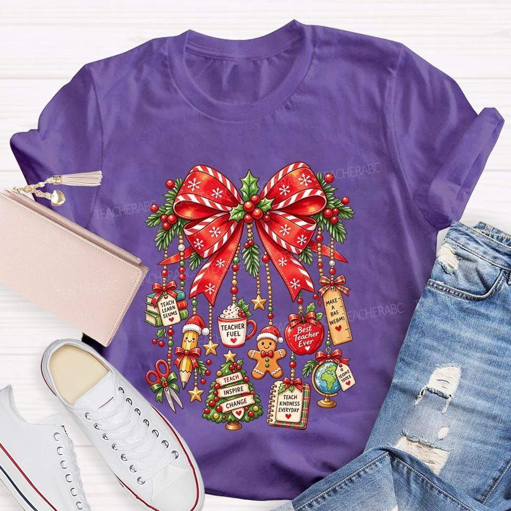 Teacher Christmas Coquette Bow Best Teacher Ever Holiday Teacher T-shirt