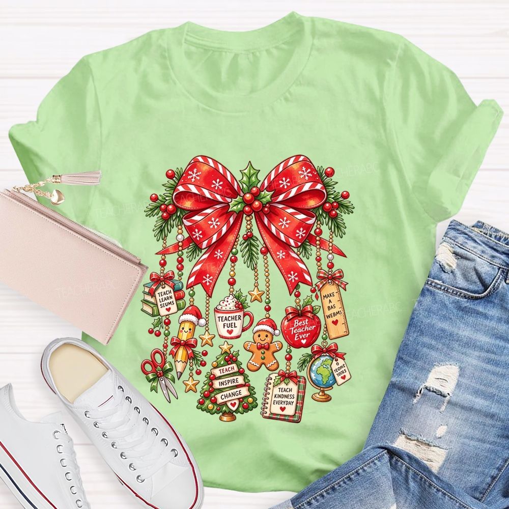 Teacher Christmas Coquette Bow Best Teacher Ever Holiday Teacher T-shirt