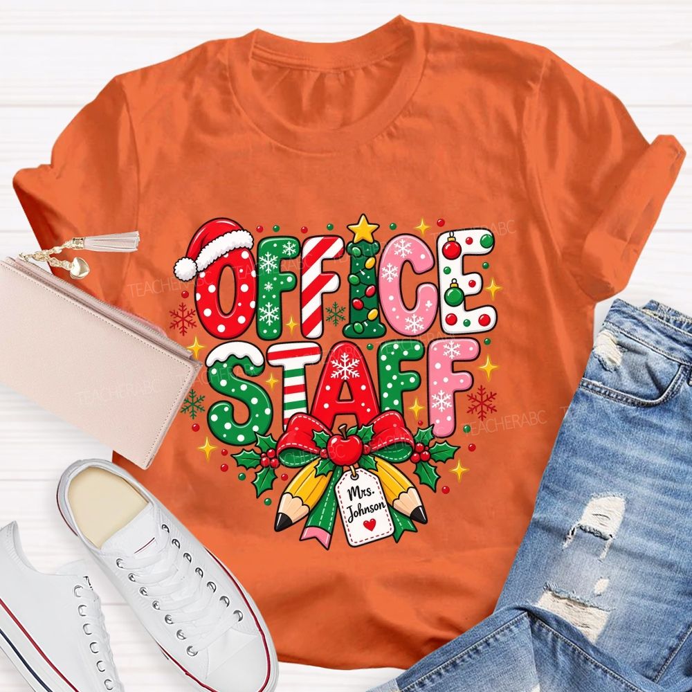 Personalized Name Office Staff Christmas Doodle Letters School Admin T-shirt