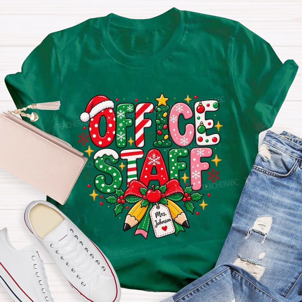 Personalized Name Office Staff Christmas Doodle Letters School Admin T-shirt