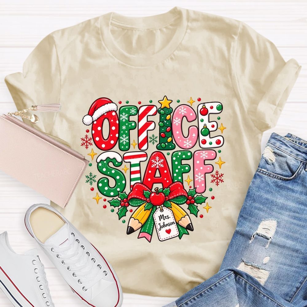 Personalized Name Office Staff Christmas Doodle Letters School Admin T-shirt