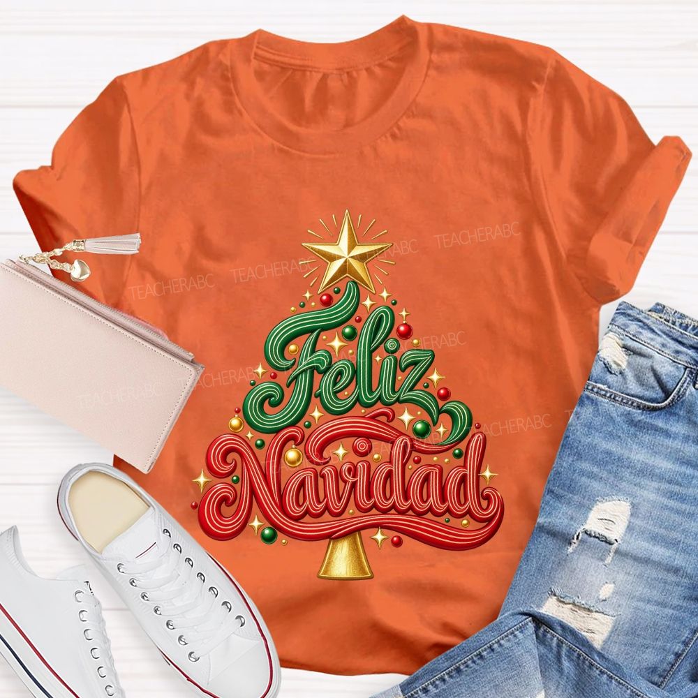 Feliz Navidad Christmas Tree Spanish Merry Christmas Teacher T-shirt