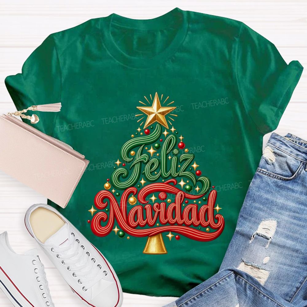Feliz Navidad Christmas Tree Spanish Merry Christmas Teacher T-shirt