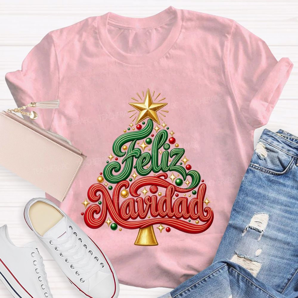 Feliz Navidad Christmas Tree Spanish Merry Christmas Teacher T-shirt