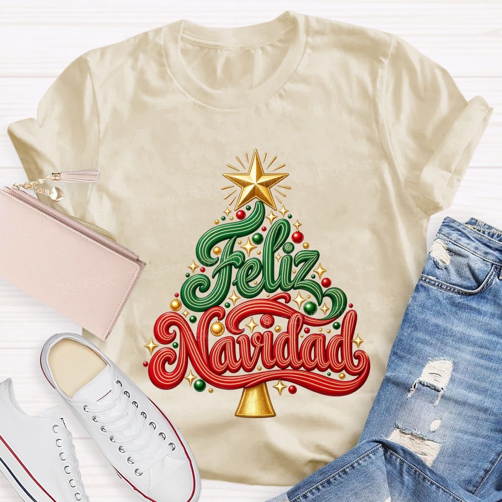 Feliz Navidad Christmas Tree Spanish Merry Christmas Teacher T-shirt