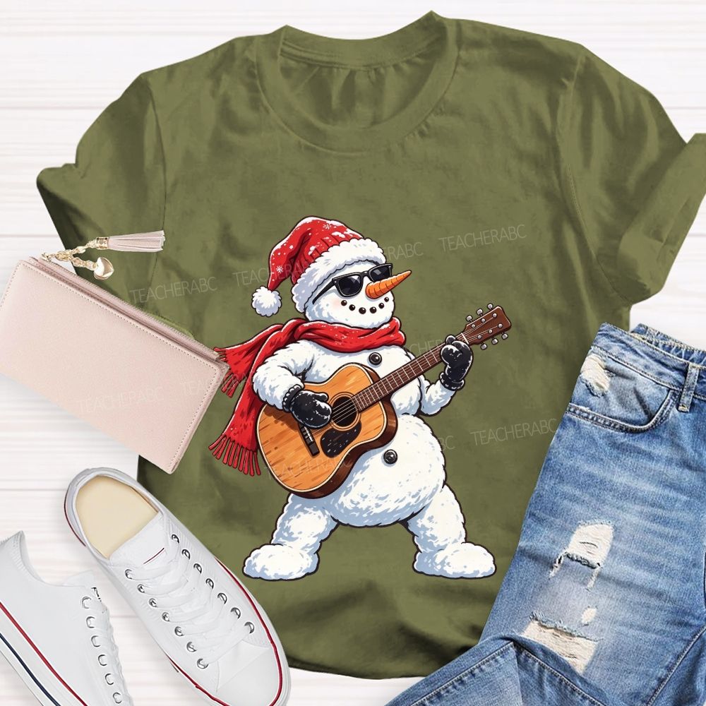 Cool Rock Snowman Playing Guitar Christmas Teacher T-shirt