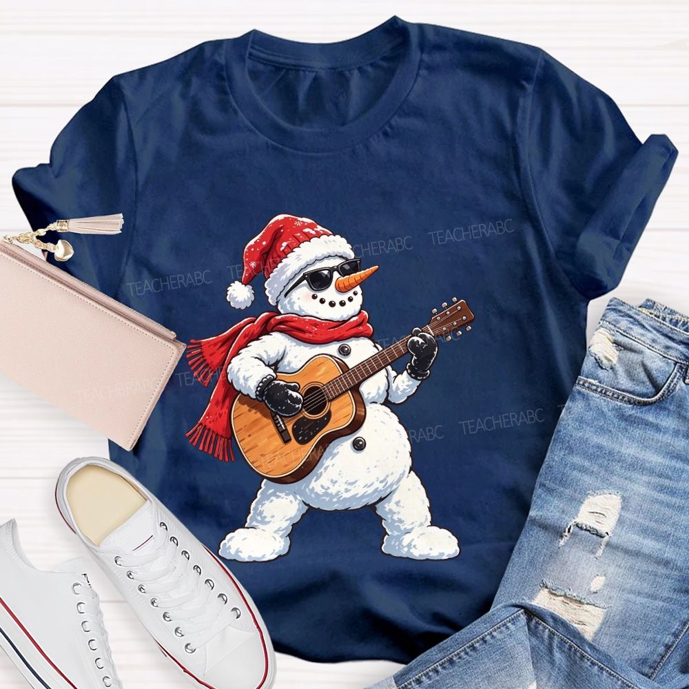 Cool Rock Snowman Playing Guitar Christmas Teacher T-shirt