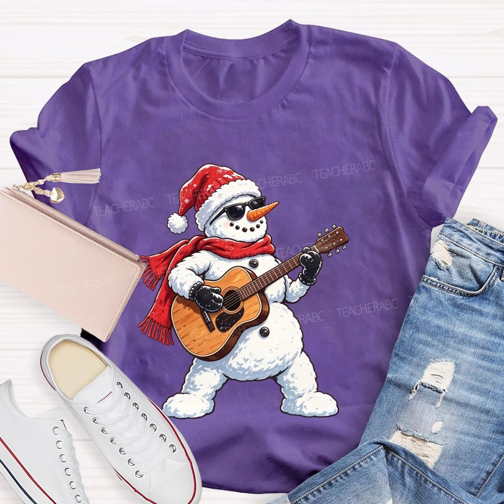 Cool Rock Snowman Playing Guitar Christmas Teacher T-shirt