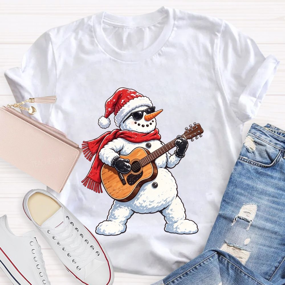 Cool Rock Snowman Playing Guitar Christmas Teacher T-shirt