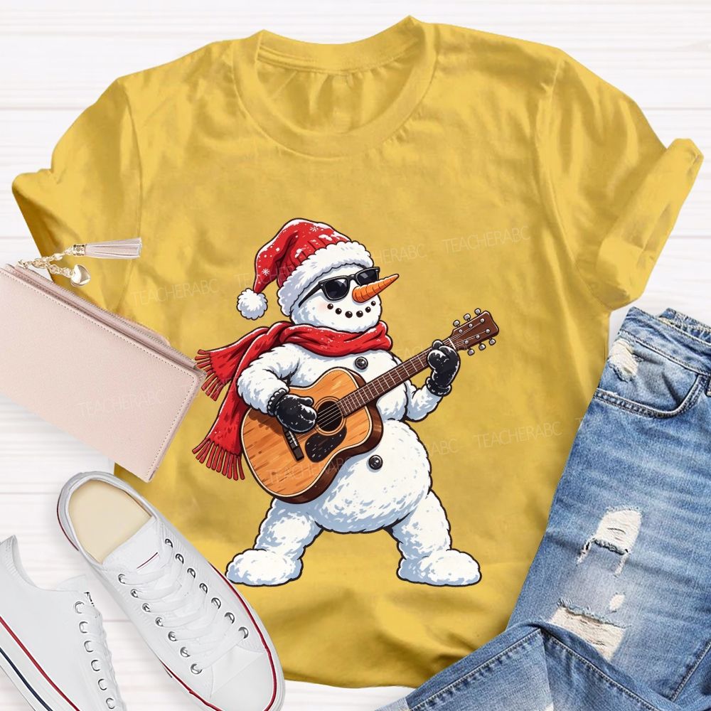 Cool Rock Snowman Playing Guitar Christmas Teacher T-shirt