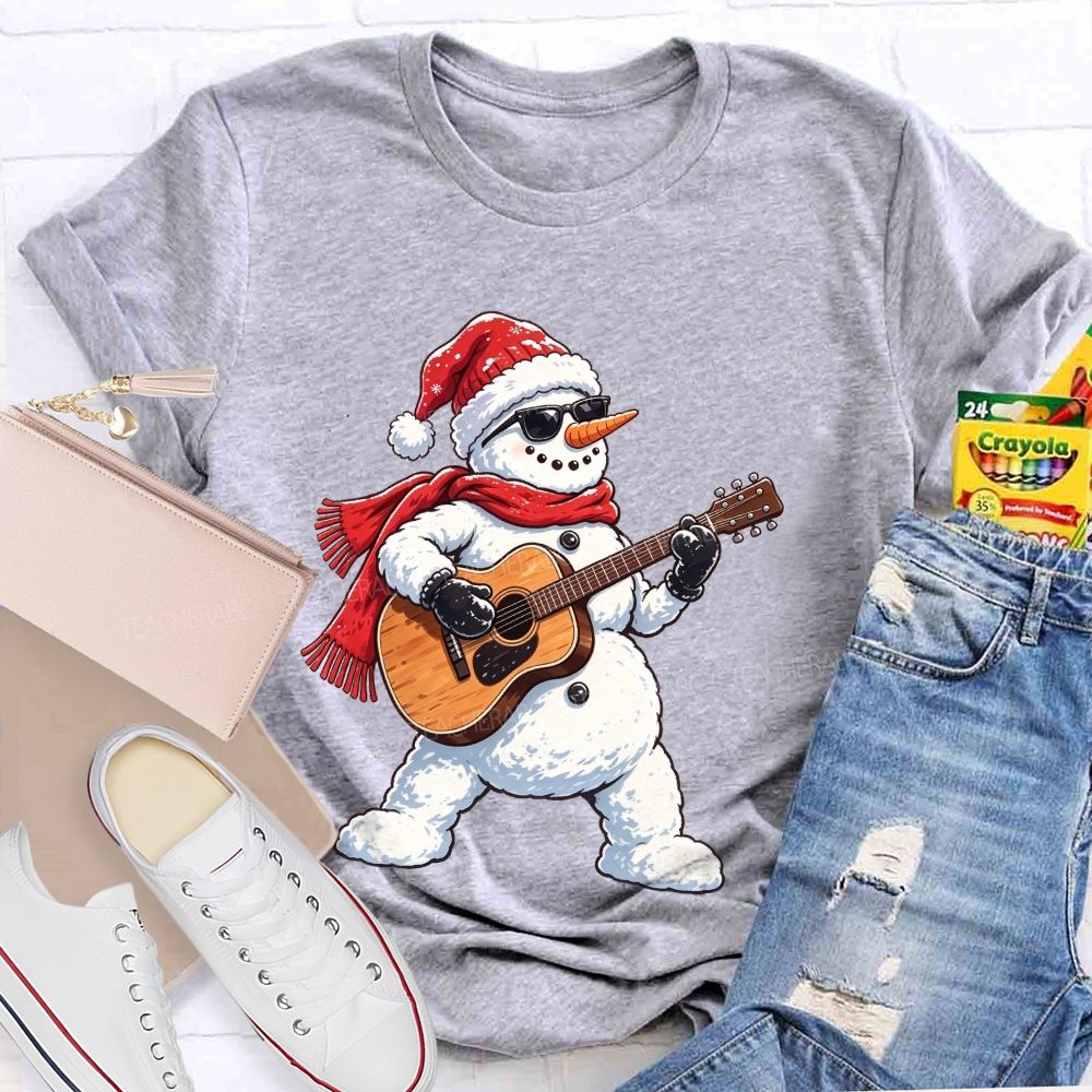 Cool Rock Snowman Playing Guitar Christmas Teacher T-shirt