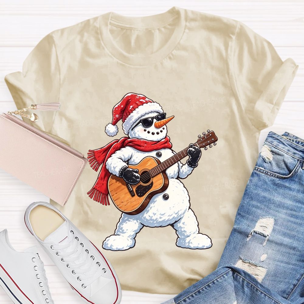 Cool Rock Snowman Playing Guitar Christmas Teacher T-shirt