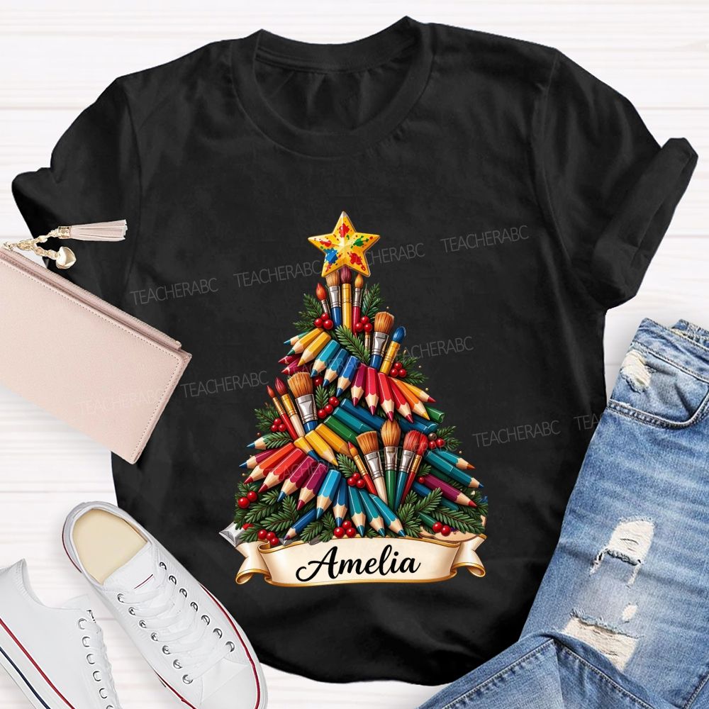 Personalized Name Paint Brush Colored Pencil Christmas Tree Art Teacher T-shirt
