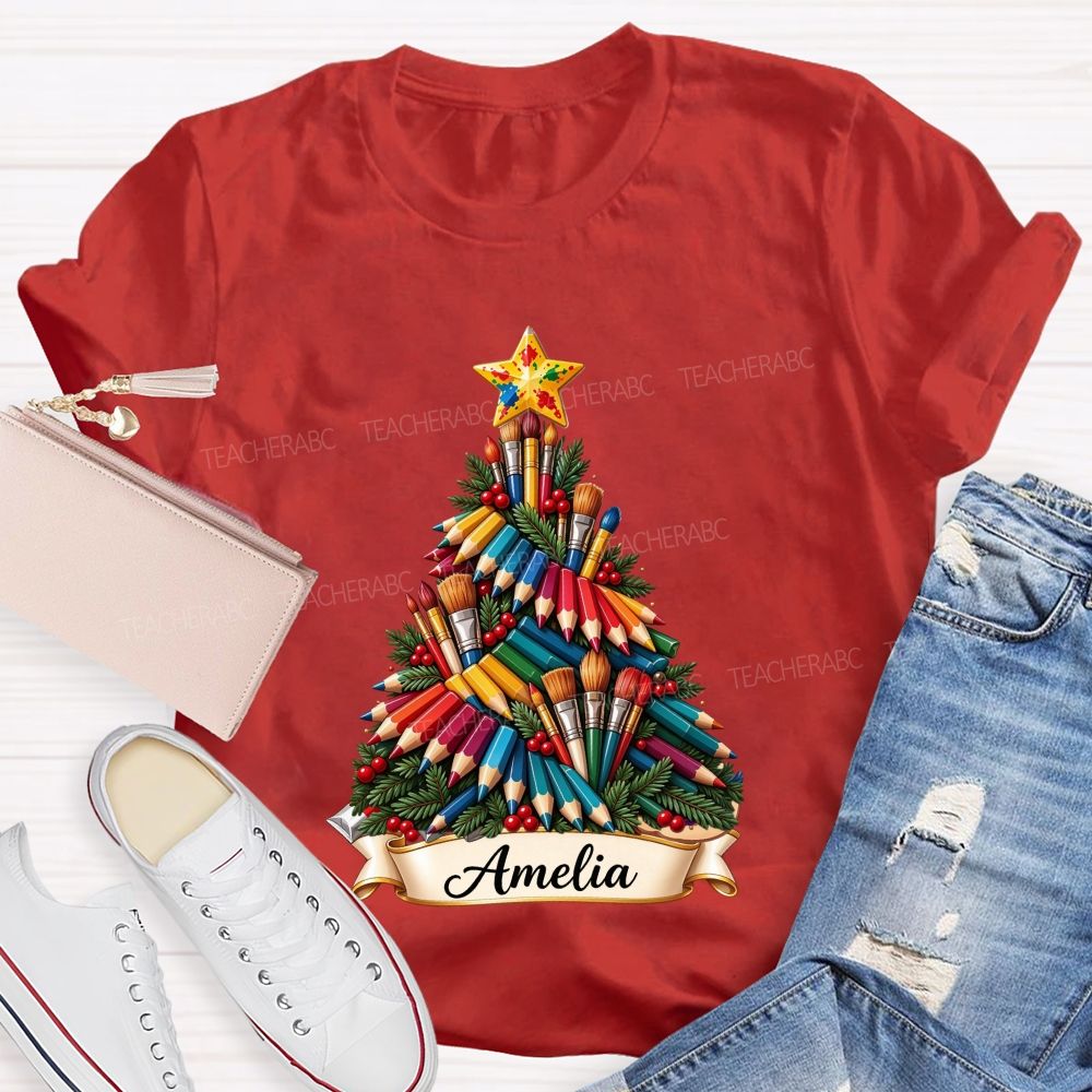 Personalized Name Paint Brush Colored Pencil Christmas Tree Art Teacher T-shirt