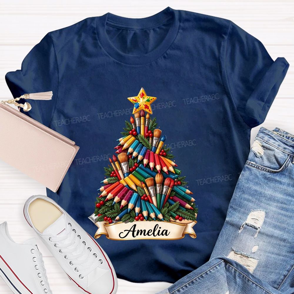 Personalized Name Paint Brush Colored Pencil Christmas Tree Art Teacher T-shirt