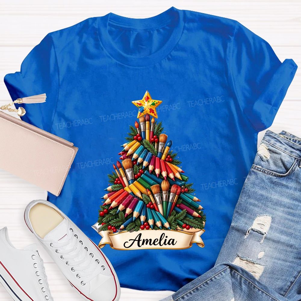 Personalized Name Paint Brush Colored Pencil Christmas Tree Art Teacher T-shirt