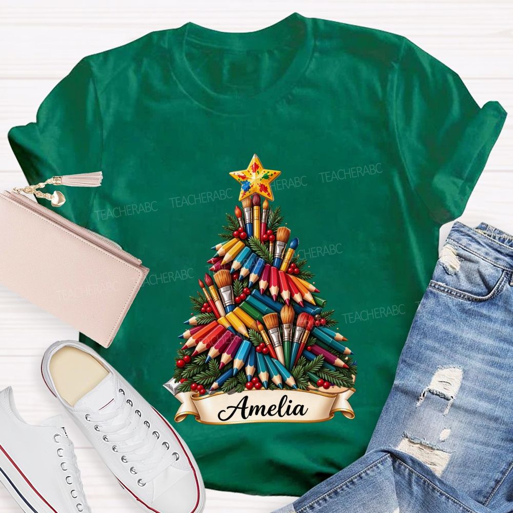 Personalized Name Paint Brush Colored Pencil Christmas Tree Art Teacher T-shirt