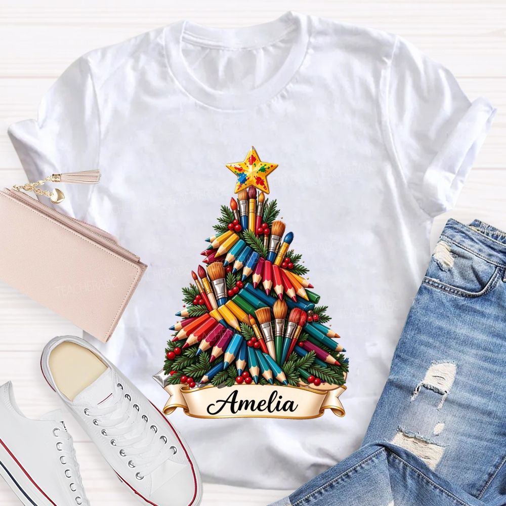 Personalized Name Paint Brush Colored Pencil Christmas Tree Art Teacher T-shirt