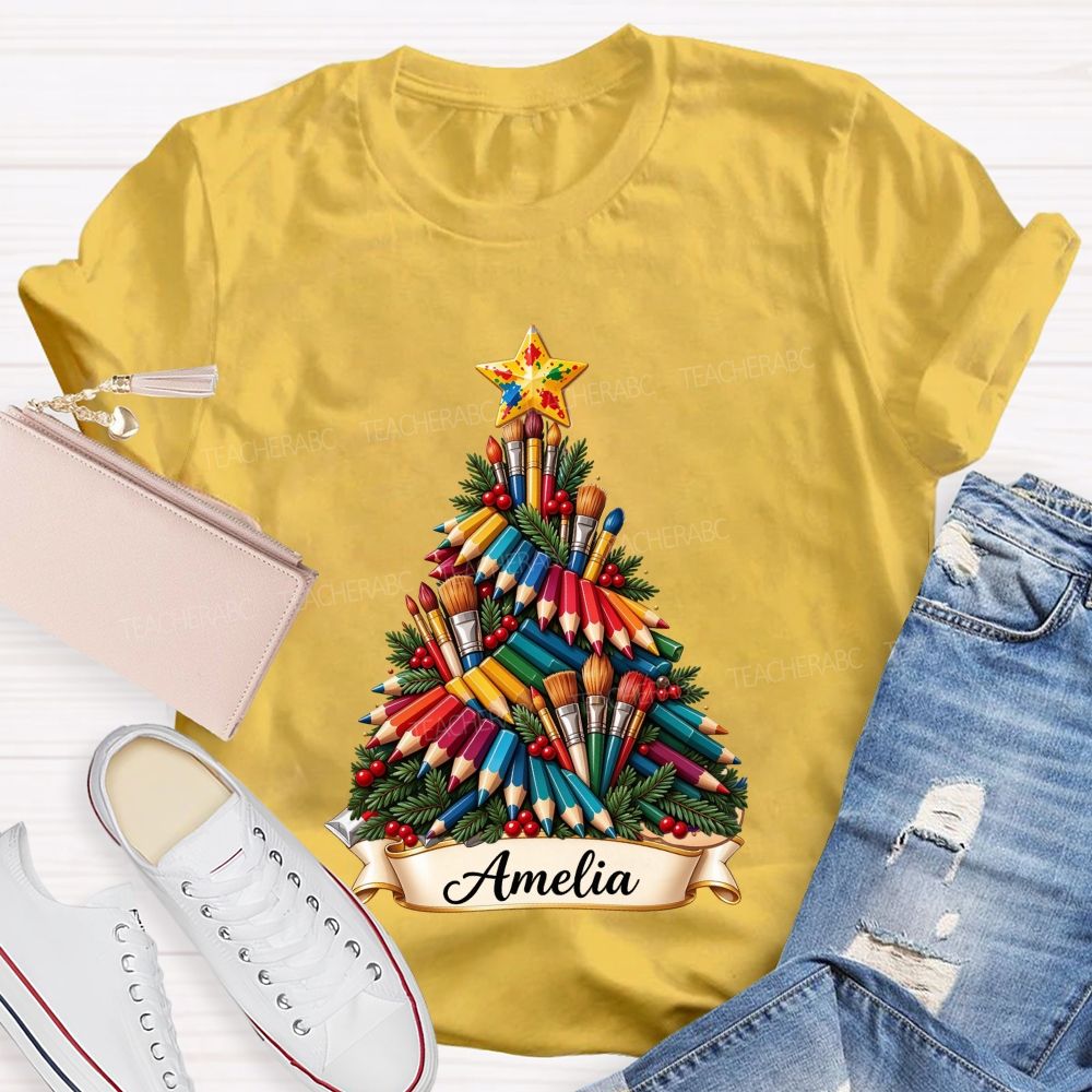 Personalized Name Paint Brush Colored Pencil Christmas Tree Art Teacher T-shirt