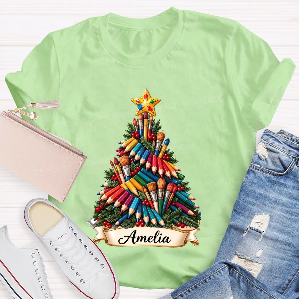 Personalized Name Paint Brush Colored Pencil Christmas Tree Art Teacher T-shirt