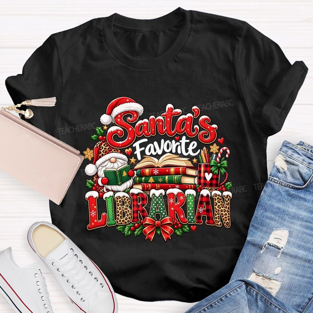Santa'S Favorite Librarian Christmas Reading Books Teacher T-shirt