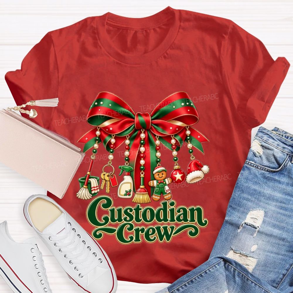 Custodian Crew Christmas Bow School Custodian Holiday T-shirt