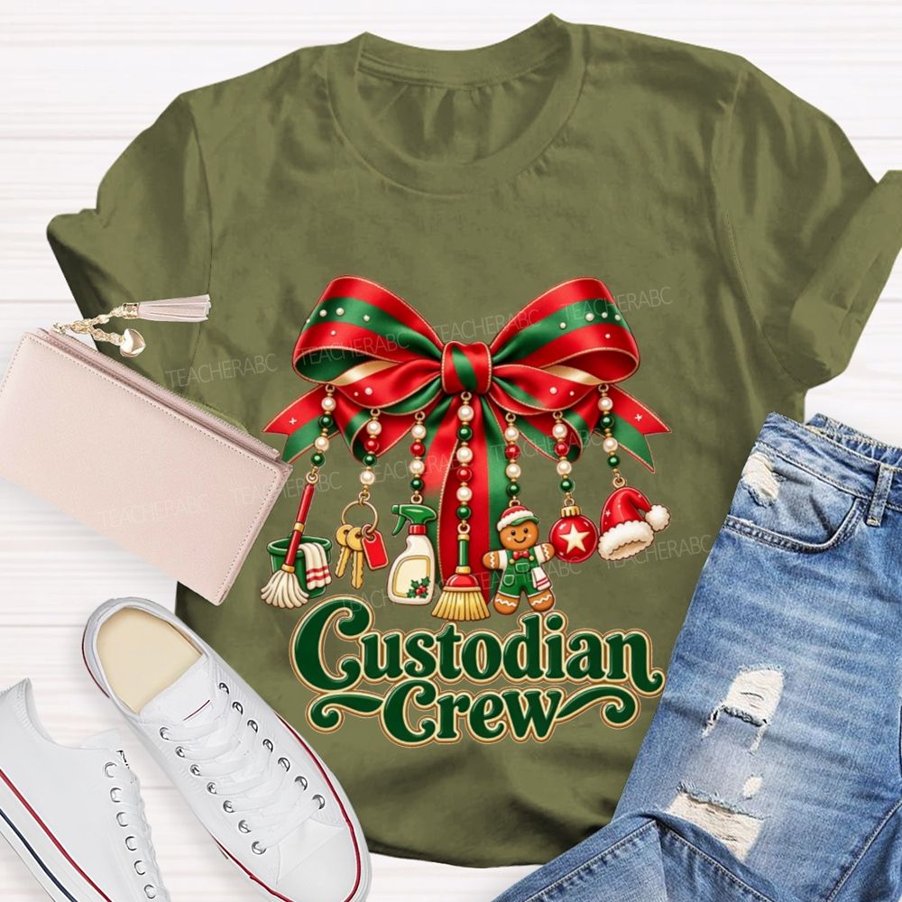 Custodian Crew Christmas Bow School Custodian Holiday T-shirt