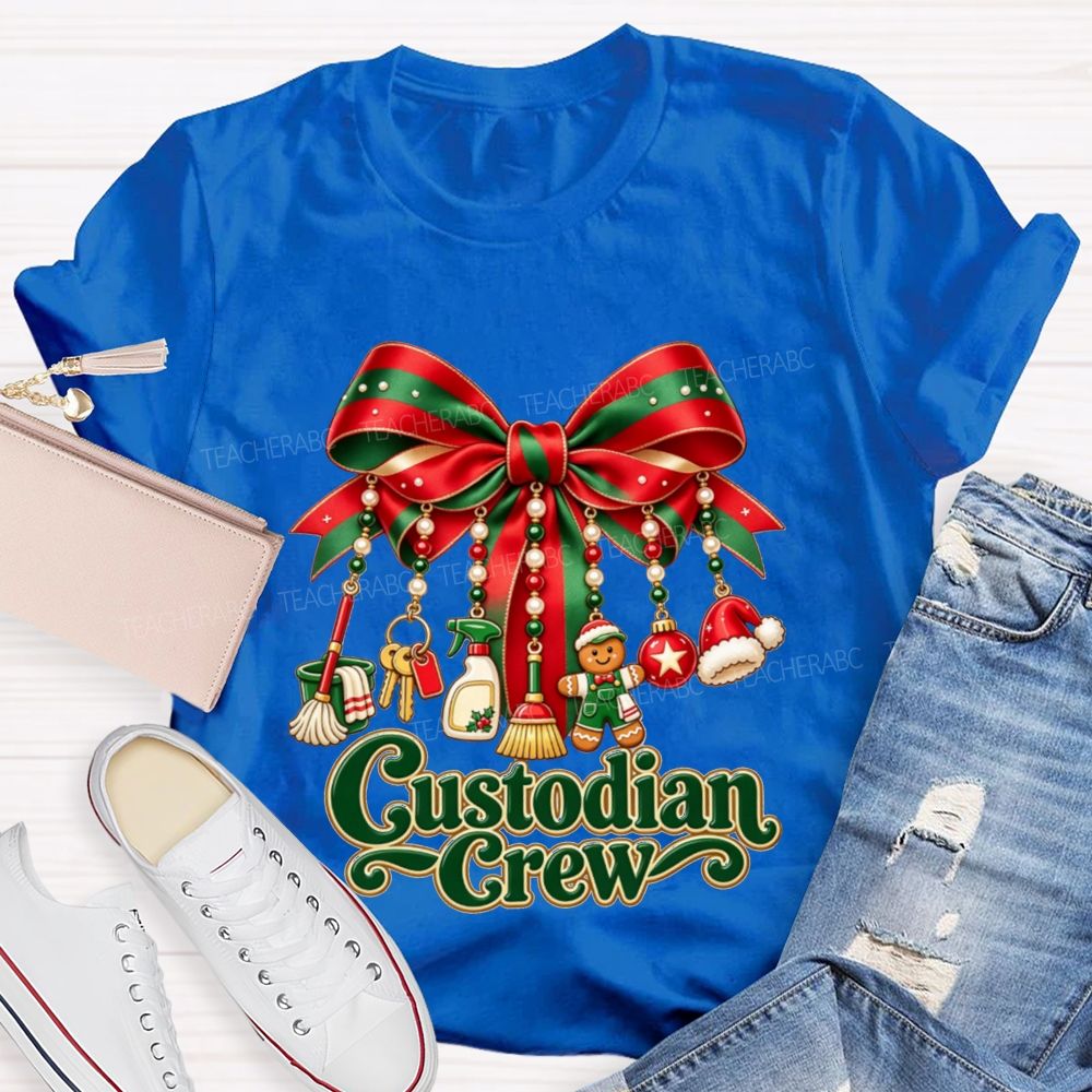 Custodian Crew Christmas Bow School Custodian Holiday T-shirt