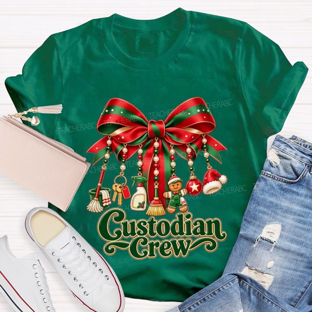 Custodian Crew Christmas Bow School Custodian Holiday T-shirt