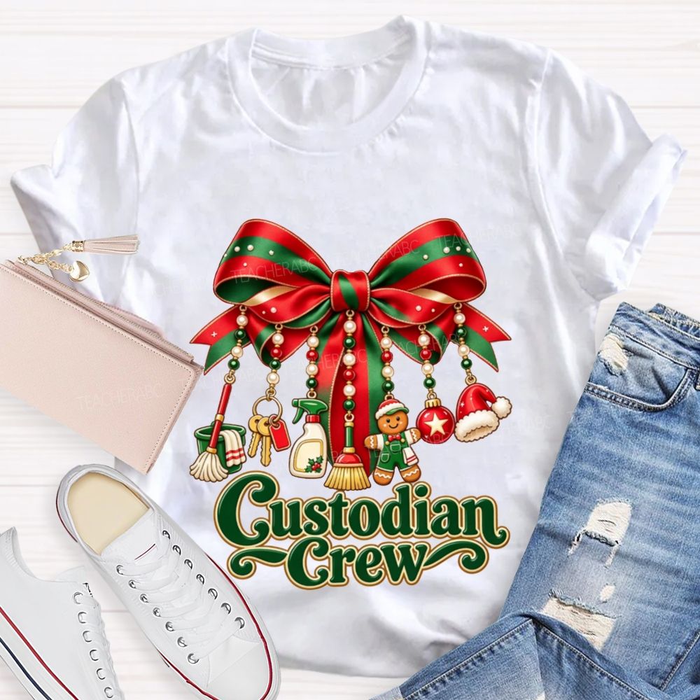 Custodian Crew Christmas Bow School Custodian Holiday T-shirt