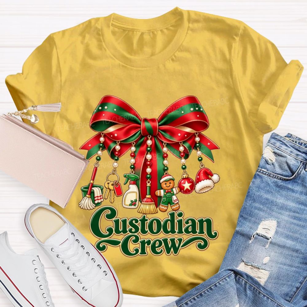 Custodian Crew Christmas Bow School Custodian Holiday T-shirt