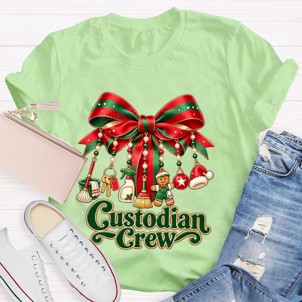 Custodian Crew Christmas Bow School Custodian Holiday T-shirt