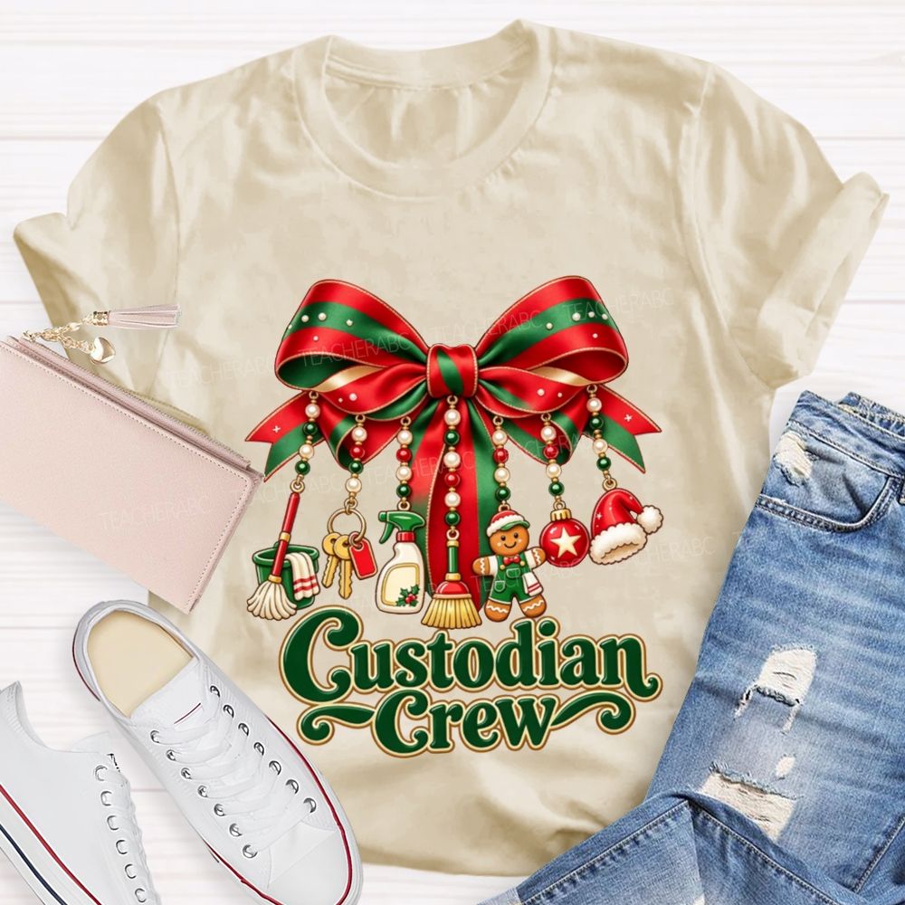 Custodian Crew Christmas Bow School Custodian Holiday T-shirt