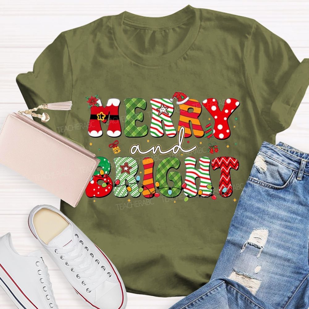 Merry And Bright Christmas Teacher T-shirt