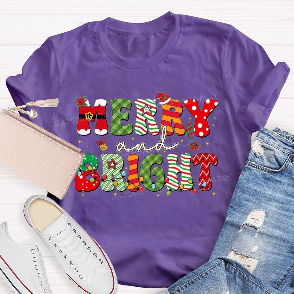 Merry And Bright Christmas Teacher T-shirt