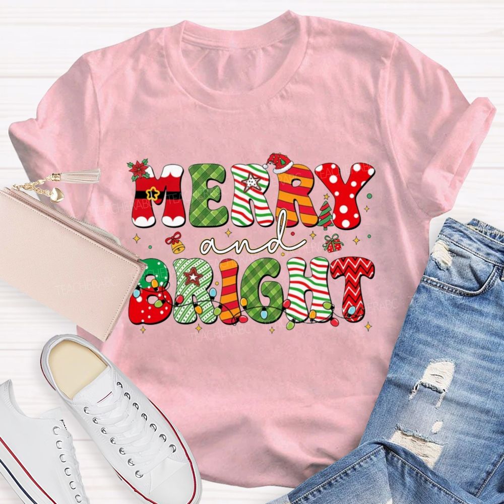 Merry And Bright Christmas Teacher T-shirt