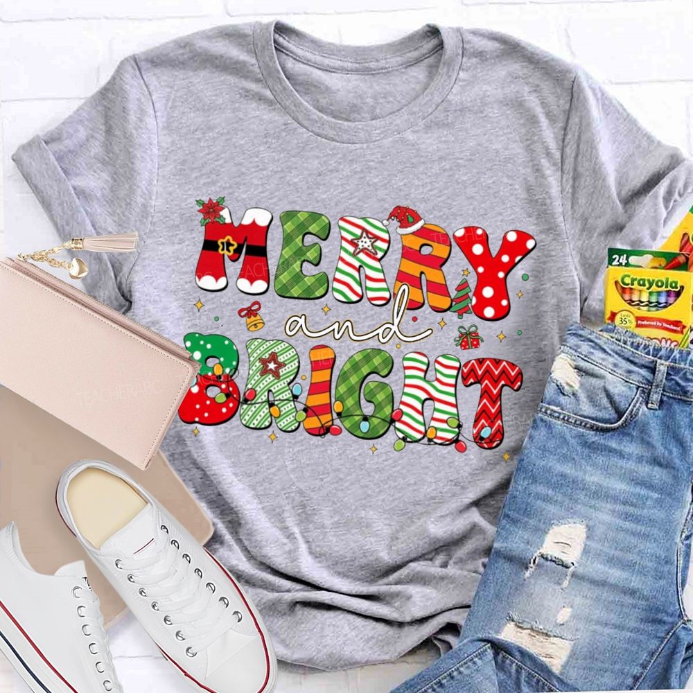 Merry And Bright Christmas Teacher T-shirt
