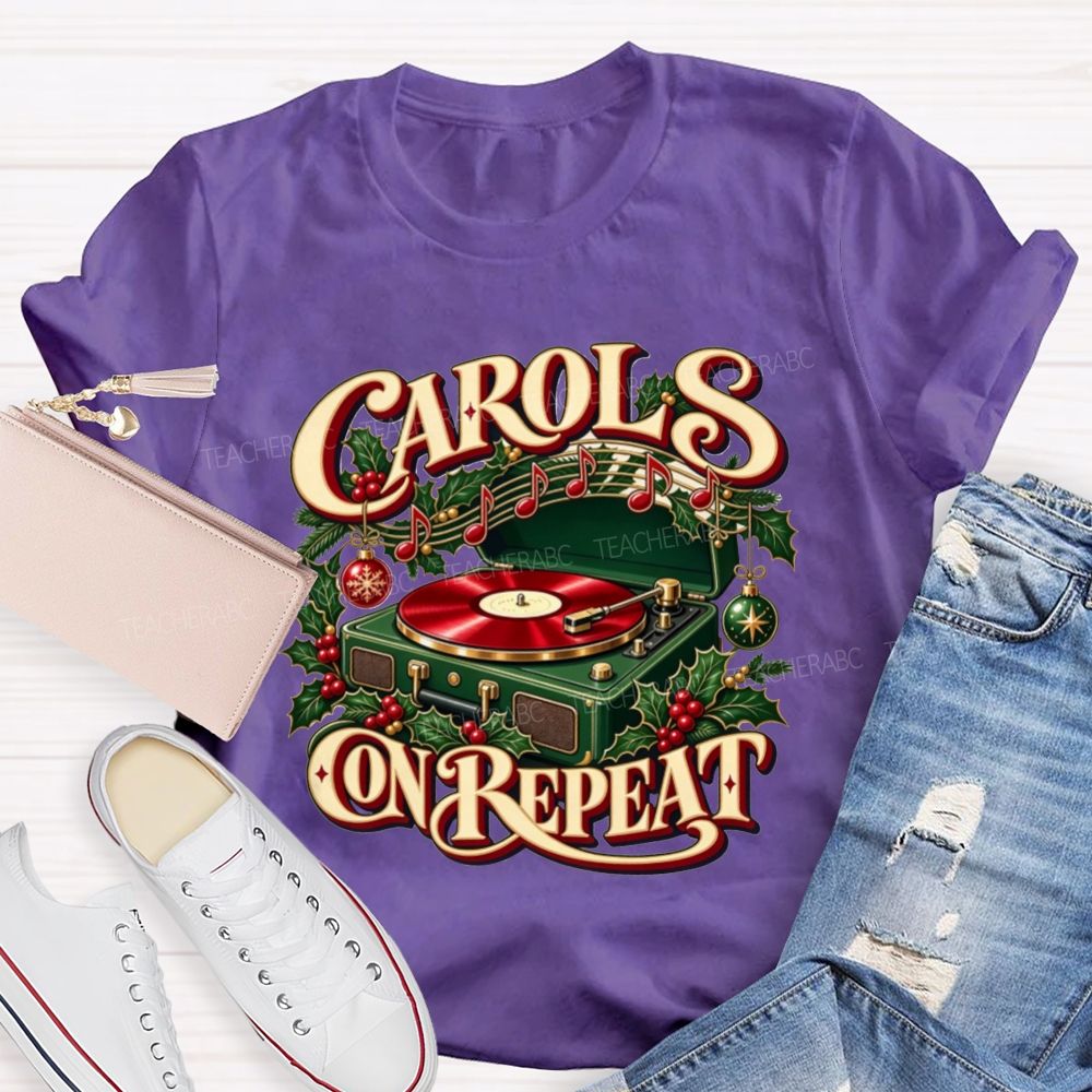 Carols On Repeat Christmas Music Notes Holly Teacher T-shirt