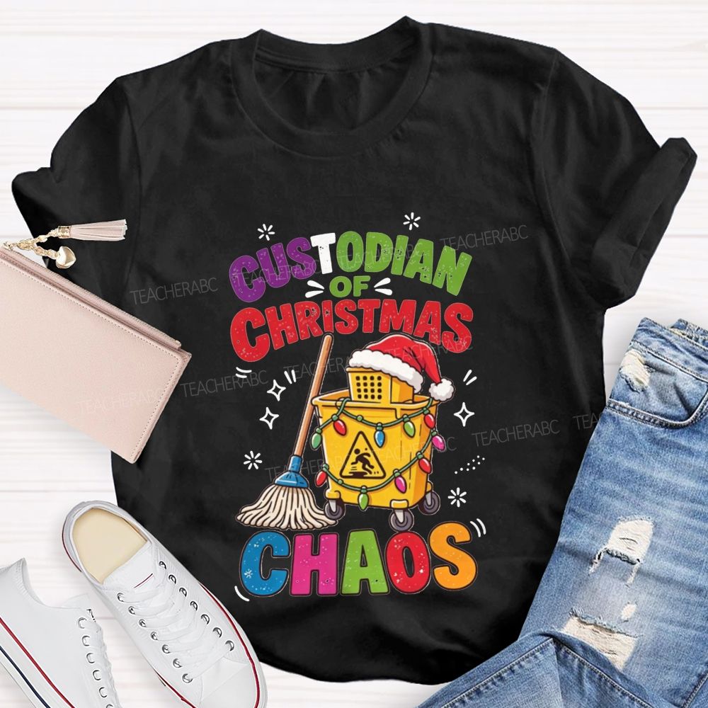 Custodian Of Christmas Santa Hat Cleaning Cart Mop Holiday T-shirt