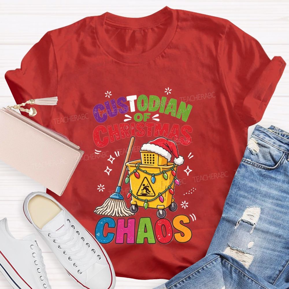 Custodian Of Christmas Santa Hat Cleaning Cart Mop Holiday T-shirt