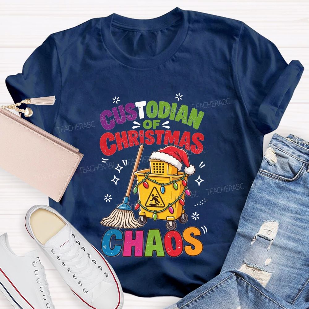 Custodian Of Christmas Santa Hat Cleaning Cart Mop Holiday T-shirt