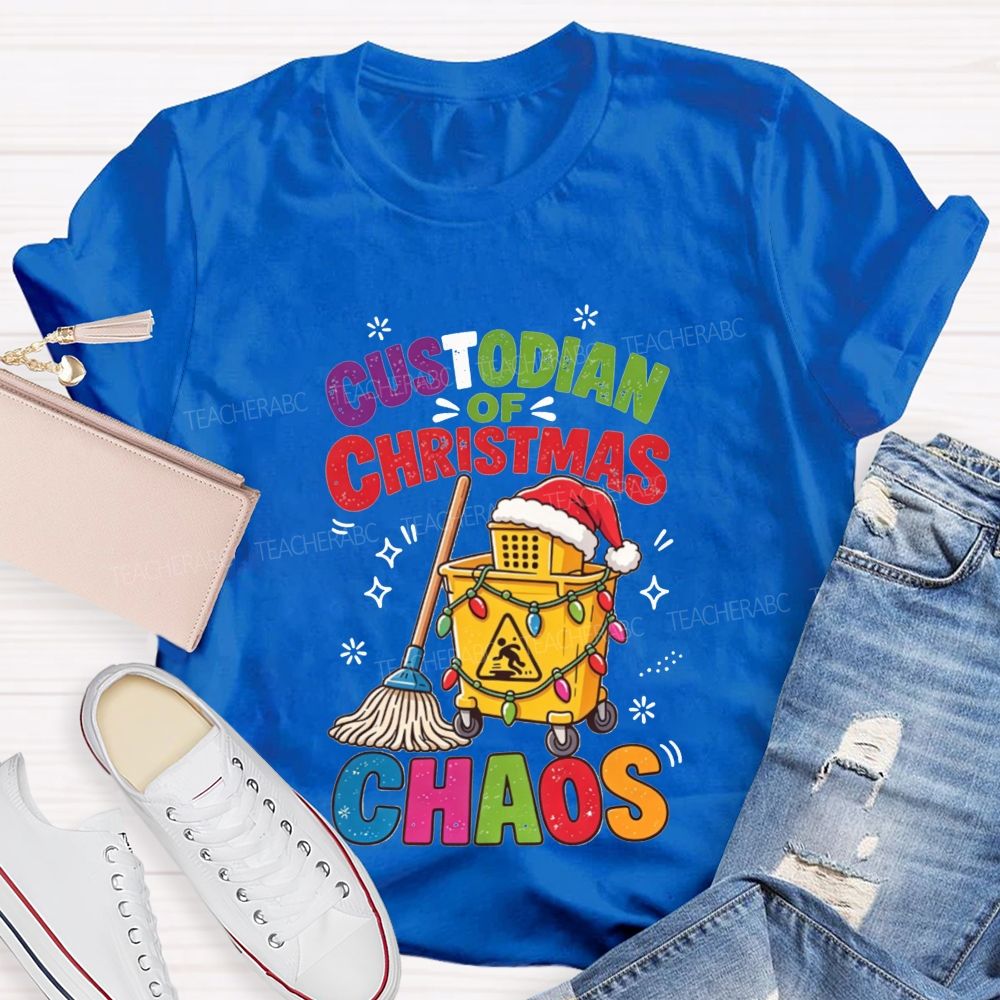 Custodian Of Christmas Santa Hat Cleaning Cart Mop Holiday T-shirt