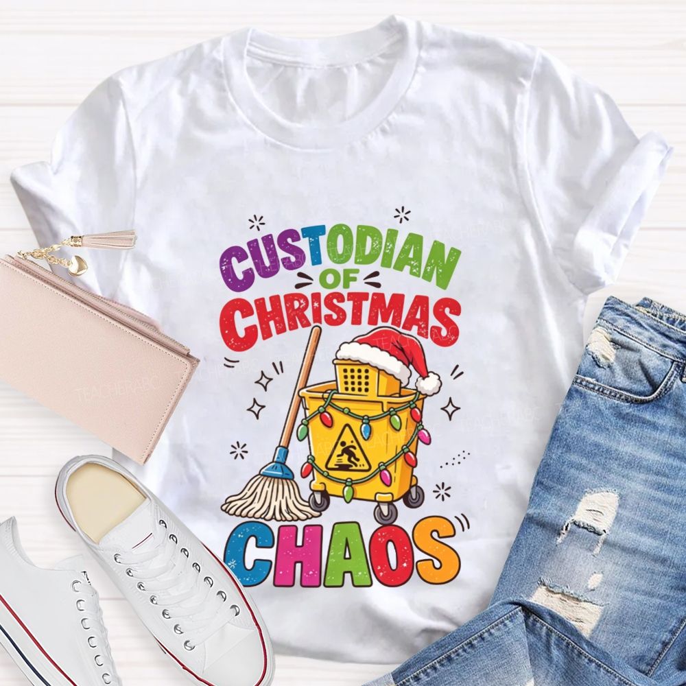Custodian Of Christmas Santa Hat Cleaning Cart Mop Holiday T-shirt